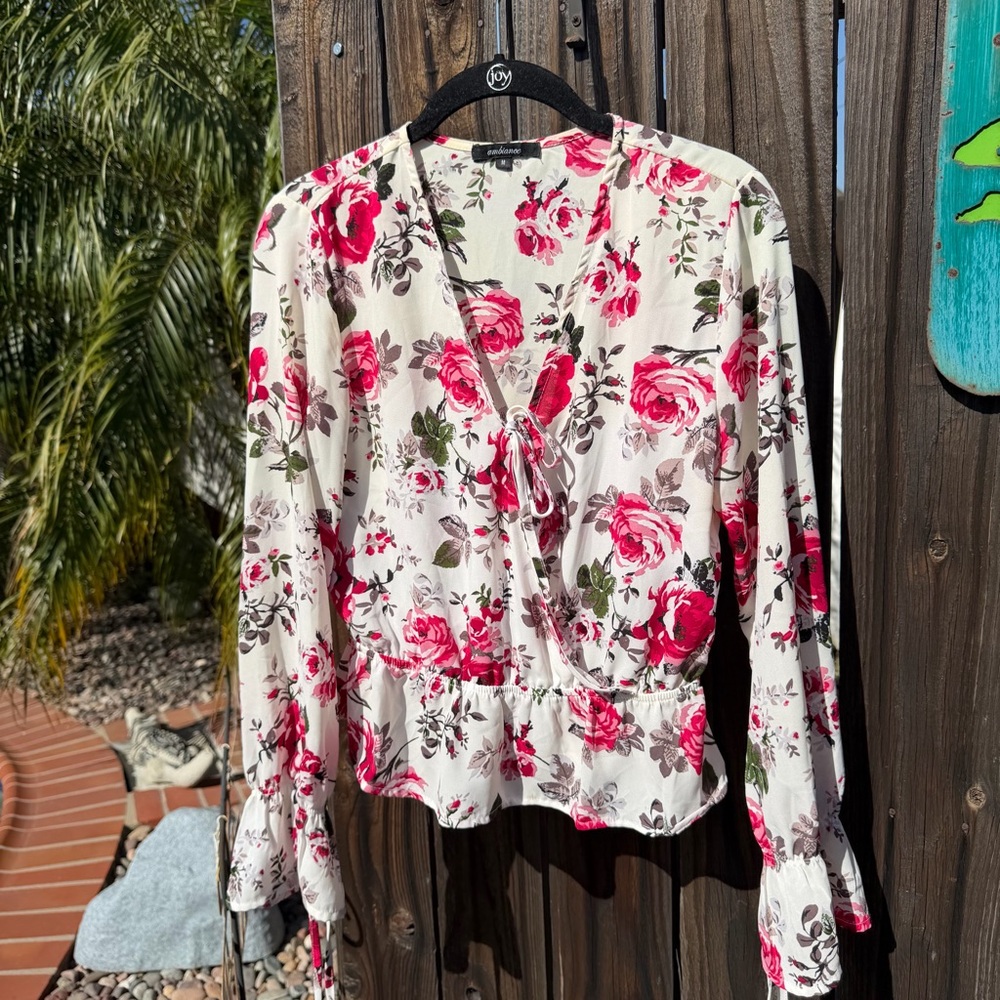 Ambiance Floral Wrap Blouse - Pink and Cream